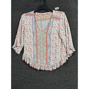 Rose & Thyme Shirt Womens Large White Floral Boho Peasant Ruffle Hem Top